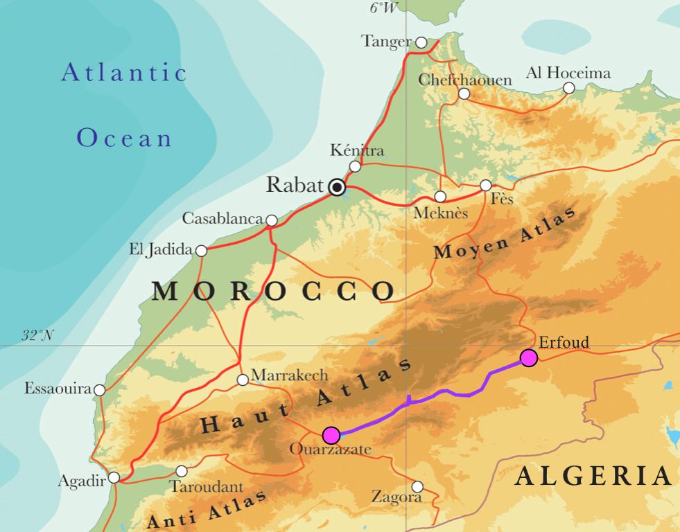 Atlas mountains on Morocco map