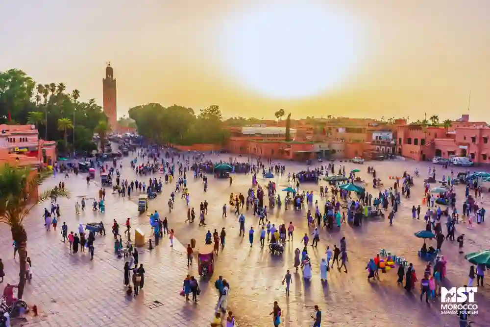 Jemaa el-Fna square at sunset during Marrakech itinerary 6 days
