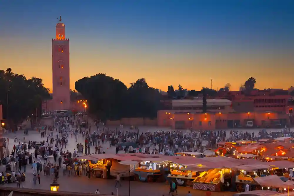 Jemaa el-Fna square at sunset during Marrakech 7 Days itinerary