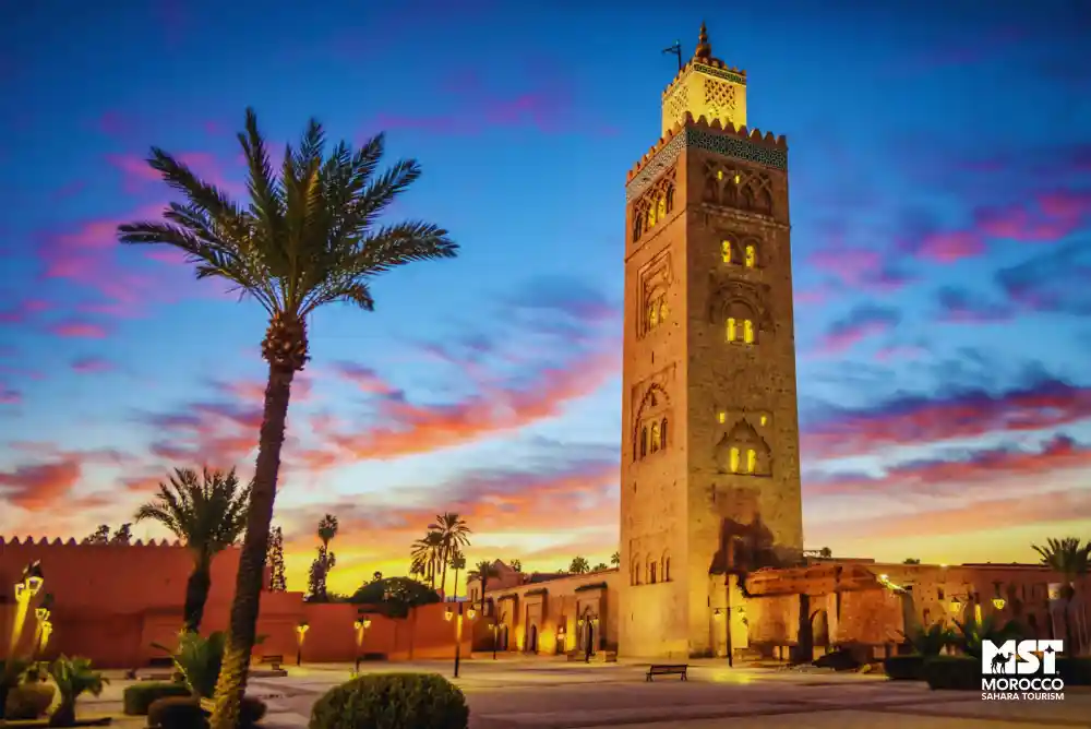 Koutoubia Mosque at sunset during Marrakech 8-Day Tour